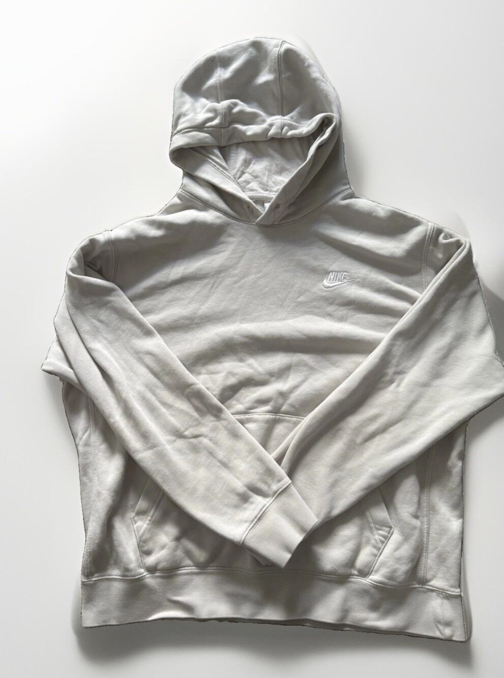 Nike Men's Cream Pullover Hoodie L Cotton Fleece Logo Pockets Drawstring
